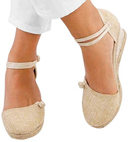 Alueeu Sandalias Mujer Verano 2023 Cuña Comodas Alpargatas Zapatos Casual Hebilla Fiesta Clásica Elegantes con Pala Cerrada Exterior Forrada de Yute Romano Sandalias de Playa, 06 Beige, 38 EU