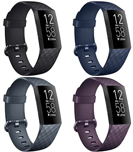 Mugust 4 Pack für Fitbit Charge 4 Armband/Fitbit Charge 3 Armband Damen Herren, Weiches Sport Ersatz Armband Kompatibel mit Fitbit Charge 3/Fitbit Charge 4(L,Schwarz/Schiefer/Blau/Dunkel lila)