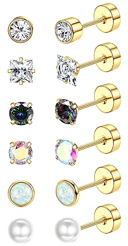 JeryWe 6 Paar Edelstahl Ohrstecker Für Damen Herren CZ Opal Perle Flache Rückseite Ohrringe Knorpel Helix Ohrringe Set Schmuck Piercing Set (Ohrstecker)