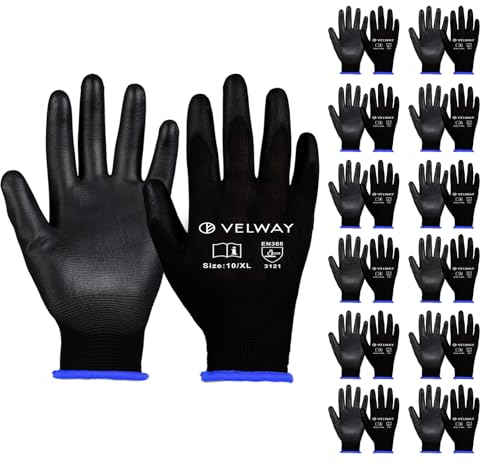 Velway 12 Paar Arbeitshandschuhe Mechaniker Handschuhe - Größe 10 Leichte Damen Gartenhandschuhe Rutschfeste mit PU-Beschichtete Herren Montagehandschuhe Atmungsaktive Handschuhe EN388 - Schwarz