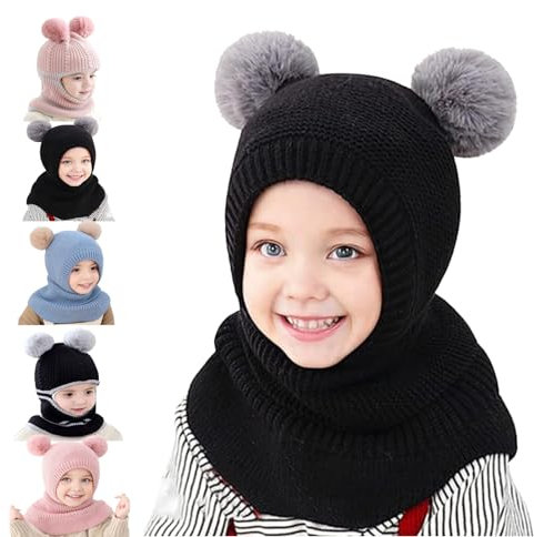 Siribelle Cappello Bambini Inverno Paraorecchie Sciarpa 3 in 1 Beanie Berretti Invernali in Maglia Caldo in Pile per L'età 1~5 Ragazzi e Ragazze Nero1