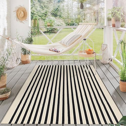 KOZYFLY Black and Beige Striped Rug 4x6 Ft Area Rug Washable Indoor Outdoor Rug Cotton Door Mat for Double Front Door Entryway Patio Porch Living Room Carpet