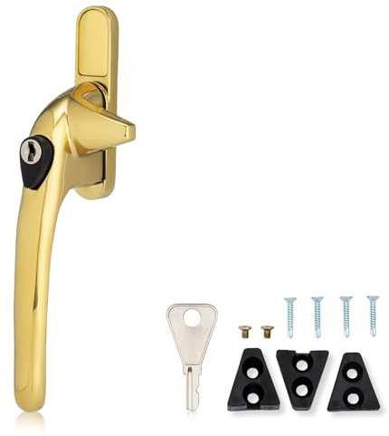 XFORT Locking Cockspur Window Handle Installation Kit in Polished Brass, Left Hand UPVC Window Handle Replacement, Lockable Window Lever