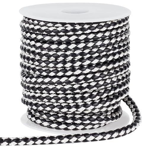 PH PandaHall 10 Yards Round Braided Leather Cord, 5.5mm Leather Rope Jewellery Craft Cord Tie Cording Leather Strap Bolo Cord for DIY Bracelet Necklace Jewellery Belt Making Wrapping, Black & White