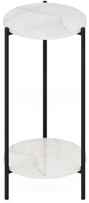 Furinno BESI Table D'Appoint, Table De Chevet Ronde Haute À 2 Niveaux avec Pieds en Métal, Structure en Métal, Étagère Ouverte, pour Salon Ou Chambre, Finition Marbre Blanc.