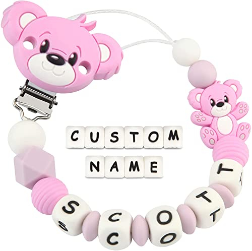 Kowlone Schnullerkette mit Namen Jungen mädchen Personalisiert Teddy Bär Schnuller Clips Halter(Lila)