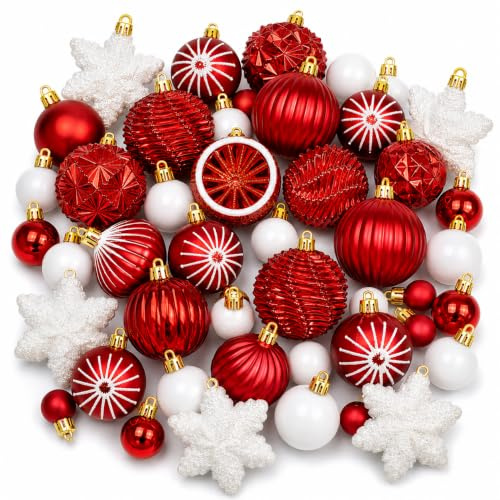40 Pack Red & White Christmas Baubles, Shatterproof Tree Decorations, 3.5-6cm Mixed Size Ornaments with Snowflakes