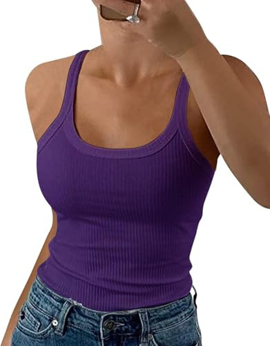 GEMBERA Canottiera da donna con spalline sottili e scollo rotondo a costine, in cotone, senza maniche, a strati, Viola, XL