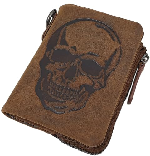myledershop Büffel-Vollleder Geldbörse/Geldbeutel/Portemonnaie/Portmonaise/Geldtasche/Portmonee mit Totenkopf-Motiv und RFID & NFC Schutz (Totenkopf-Motiv/Cognac)
