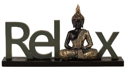 Dekorativer Schriftzug Relax mit Buddha Figur in Schwarz