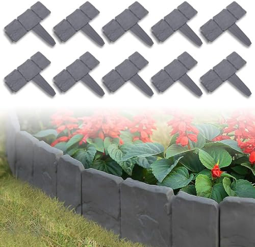 LZQ 10-teilige Rasenkante in Steinoptik, Umrandung für Beete, Mähkante Kunststoff (Dunkelgrau, 2,5 m)