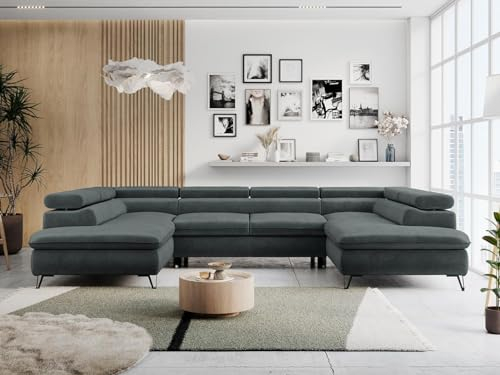 MKS MEBLE Sofa U-Form Grau, Wohnlandschaft U-Form, Sofa mit Schlaffunktion und Bettkasten, Schlafsofa mit Bettkasten, Couch mit Verstellbare Kopfstützen - Peter U - Dunkelgrau Velvet