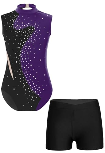 YOOJIA Kinder Mädchen Turnanzug Strass Leotard Ballett Trikot Ärmellos Tanzbody und Kurze Hose Ballettanzug Wettkampf Tanzkostüm O Lila & Schwarz 158-164