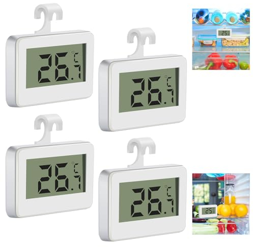 VFANDV Thermomètre pour Réfrigérateur 4 Pièces, Thermomètre étanche pour Congélateur avec Crochet et Alarme Antigel Mini Digital LCD Thermomètre Frigo pour cuisines restaurants Intérieur Extérieur