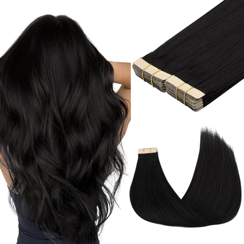 MAXITA Tape-in-Haarverlängerung, Echthaar, 1B, Naturschwarz, 60 cm 100 g, 40 Stücke, dicke Enden, Remy-Menschenhaar, nahtlos, glatte Echthaar-Extensions, unsichtbare Tape-in-Haarverlängerung