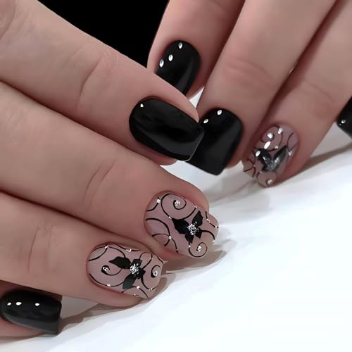 Kotkiddy Lot de 24 faux ongles courts carrés à presser - Couleur noire - Avec papillon - En acrylique - Pour femmes et filles