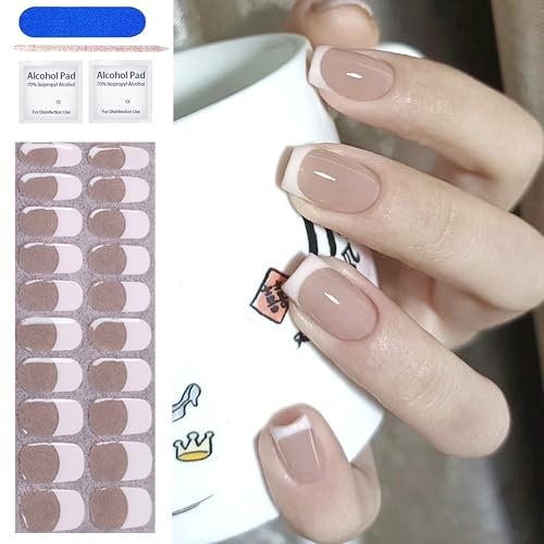 MrCuvaryas 20 Stück Gel UV Nagelfolien Stickers, Echte Nagellack-Kunstaufkleber - Full Wraps Nagelaufkleber UV/LED-Lampe Erforderlich Cured Gel Nail Strips, Fingernägel zum aufkleben (White French)