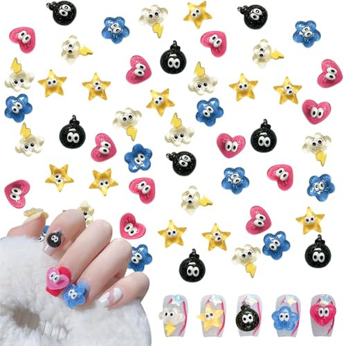 3D Nail Charms,50PCS Mixed Star Heart Clouds with Eyes Nail Gems,Resin Flatback Nail Art Decorations for Women Girls Manicure Design DIY Crafts (Colorful Mixed)