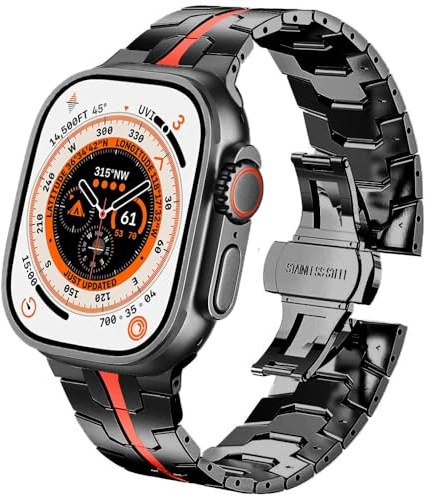 DEALELE Strap Compatible with Apple Watch 49mm 45mm 44mm 42mm, Thin Iron Man Stainless Steel Metal Replacement Bands for iWatch Series 9/8 / 7/6 / 5/4 / 3 / SE/Ultra Women Men, Black-red