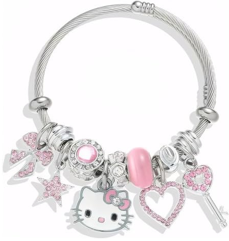 TOFBS Niedliches Kabelarmband Silber Charm Armreif Edelstahl Anhänger Schmuck Damen Mädchen Katzendesign Schleife Stern Herz Schlüssel Rosa Kristall
