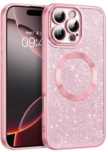 GaoBao for iPhone 16 Pro Max Case, Slim iPhone 16 Pro Max Phone Case [Compatible with MagSafe] Sparkle Luxury Shockproof Anti-Slip Women Girl Bling Phone Cover for 16 Pro Max 6.9 2024, Glitter/Pink