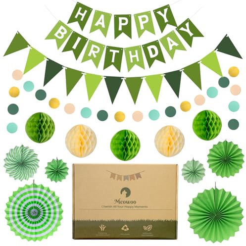 Meowoo Geburtstagsdeko, Grün Geburtstag Party Deko - Happy Birthday Girlande, Wimpelkette, Wabenblumen, Papierfächer - Wiederverwendbare Deko Geburtstag für Männer und Frauen