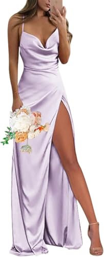YIANN Satin-Brautjungfernkleider für Damen, mit Schlitz, Spaghettiträger, Wasserfallausschnitt, langes formelles Kleid, Flieder, 38