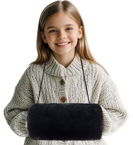 SwirlColor Handmuff, Faux Fur Hand Muff of Strap Pocket Convenient Black Hand Warmer for Girls Boys
