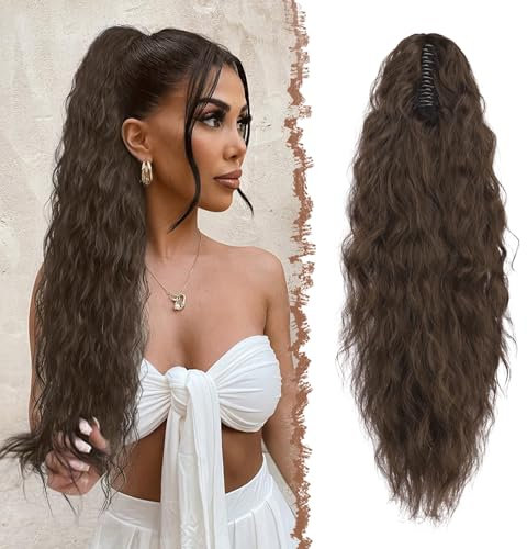 FESHFEN Pferdeschwanz mit Klammer, Lange Wellig Lockig Haarextension Synthetik Zopf Haarverlängerung Claw Clip in Haarteil Ponytail für Damen 65cm Schokoladenbraun Gemischt Dunkelbraun