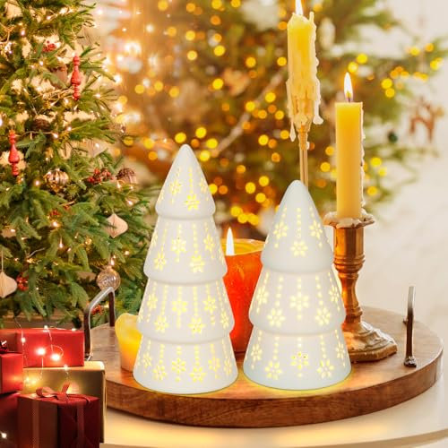 FHzytg 2er-LED Weihnachtsbäume Deko aus Keramik, Mini Weihnachtsbaum Tischdeko, Weihnachts-Beleuchtung, Weihnachtsdeko Laterne Weihnachtsbaum Winter Weihnachtsbaum Tisch Deko Beleuchtung
