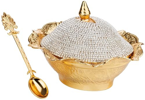 DEMMEX Crystal-Coated Fancy Sugar, Candy, Chocolate, or Turkish Delight Bowl with Lid and Spoon, Luxury Elegant Gold Sugar Dish, 6x4 Inches, 10 oz Capacity, Handmade in Turkey