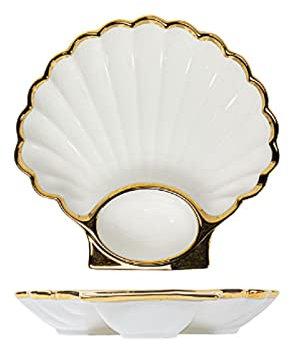 HGDXDP Placas de Cocina Plato Llano de Concha Plato Llano de cerámica bajo vidriado Bandeja de Postre Plato Llano con Borde Dorado Horno microondas