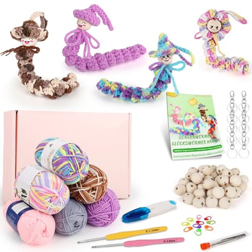 Coopay Häkelset für Sorgenwürmchen mit 3x50g Häkelgarn und 3x50g Farbverlauf Häkelgarn, Glückswürmchen Häkel Set mit 50 Stk Holzkugeln mit Gesicht, Anleitung, Häkelnadel, Glückswürmchen Häkelset