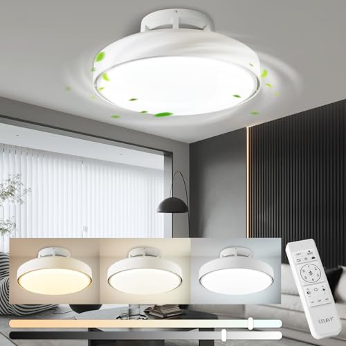 CELAVY 74W Bladeless Ceiling Fan with Lights and Remote Control, 48CM Low Profile Ceiling Fans with Lamps for Bedroom Living Room, LED Modern Silent Dimmable Fan Lights Ceiling Flush Mount, White