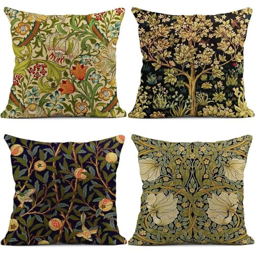 BREASOME Kissenbezug 45x45 cm 4er Set Kissenbezüge Blumen Vögel Boho Vintage Stil Leinen Kissenhülle Dekorative Sofakissen Dekokissen Zierkissenbezug für Sofa Couch Wohnzimmer Schlafzimmer