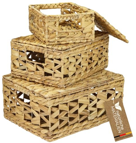 HMF Storage Basket with Lid, Set of 3, Woven Water Hyacinth Basket, Small, Medium, Large