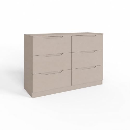 FWStyle Luno 6 Drawer Chest of Drawers – Wide Putty Dresser with Scratch-Resistant Finish & Easy-Glide Metal Runners – Modern Bedroom Storage Furniture