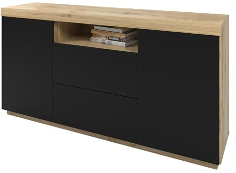 Lookway Kommode Yoshi – Front in Schwarz oder Weiß, Wotan Eiche Korpus, modernes Design, geräumiger Stauraum, 164×85×42 cm (Schwarz)