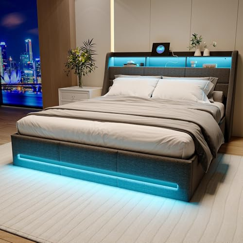 WSOFZMO Polsterbett 160×200 mit Stauraum, Doppelbett mit USB und LED-Kopfteil, Hydraulisch Bett mit Bettkasten, Jugendbett mit Lattenrost, Leinen, ohne Matratze (Hydrauli, 160 * 200)