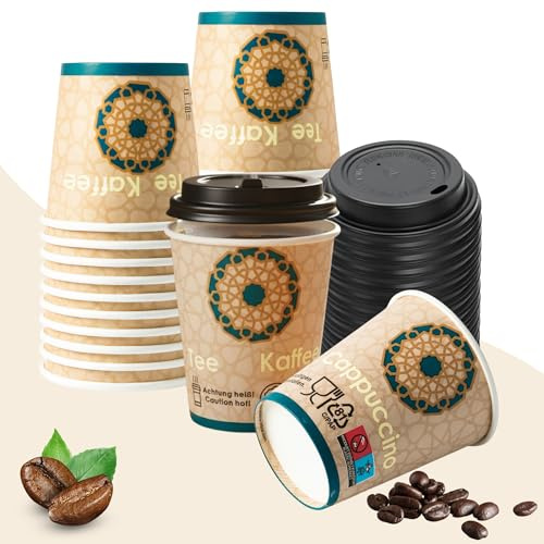 200er Kaffeebecher 200 ml (8 oz) – stabile Pappbecher für Heiß- & Kaltgetränke – Einweg Trinkbecher - Coffee To Go Becher mit Deckel – umweltfreundlich, hitzebeständig & HLKauf-Block