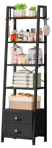Uptyia Estantería Escalera de 5 Niveles con 2 Cajones | Librería Independiente para Almacenaje y Exhibición, Estilo Industrial, Negro, 39 × 29 × 161 cm