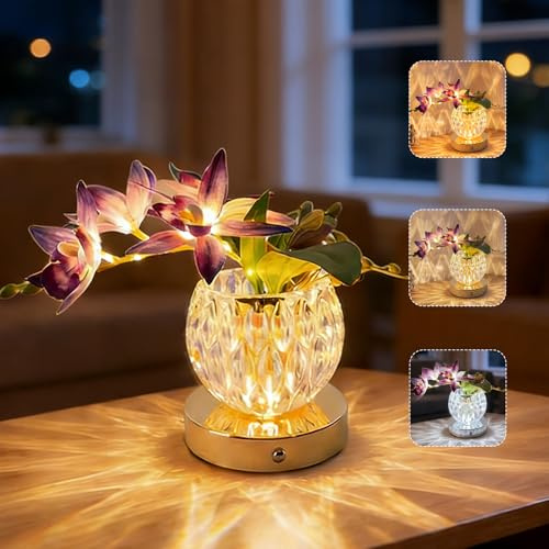 Justup Tischlampen, 3 Lichtfarben Orchidee Dimmbare Touch-Glasvase-Nachttischlampe, Wiederaufladbare Künstliche Blumen Tischlampe, Geschenk für Frauen und Mütter (Orchidee-Lila)