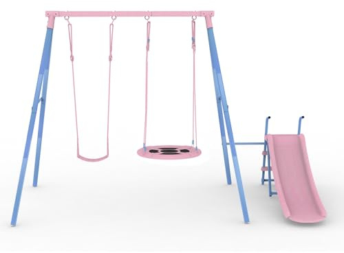 Spielturm Outdoor mit Rutsche und Schaukel – Schaukel-Set mit Nestschaukel und Sitzschaukel – Klettergerüst ab 3 Jahre mit Rundschaukel – Gartenspielzeug aus wetterfestem Stahl in Blau-Pink