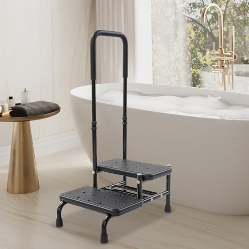 Generisch Mobiler Sicherheitstritt für Senioren, rutschfeste 2-Stufen-Trittstufe mit verstellbarem Handlauf, Badewanneneinstiegshilfe belastbar bis 135 kg, ideal für Badewanne, Bett & Fahrzeug