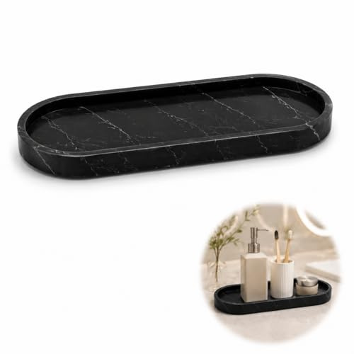 Black Marble-Effect Bathroom Storage Tray, Raised Rim, Elongated Oval | 1-piece organiser, groups cosmetics, perfume bottles, toiletries and small accessories on vanity units or dressing tables