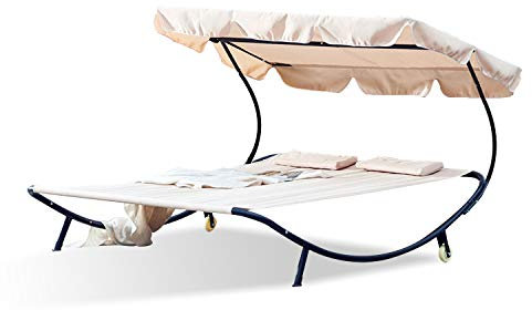 Transat Double Jardin Extérieur – Bain de Soleil 2 Places avec Pare-Soleil | Lit de Jardin Imperméable CONCEPT USINE Aloha – Tissu Oxford Écru – 2 Oreillers – Déplacement Facile avec Roues