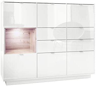 Vladon Highboard Sideboard Metro V2, Made in Germany, Korpus in Weiß Hochglanz/Fronten in Weiß Hochglanz mit Einsatz in Eiche Nordic, inkl. LED Beleuchtung