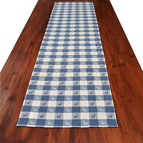 Tischläufer Landhaus-Tischdecke Karo mit Hirsch in Blau 40 x 160 cm rechteckig | blau-weiß Karierter Webstoff langlebig | rustikaler Landhaus-Stil | Tischdeko für Küche, Esszimmer, Gästezimmer