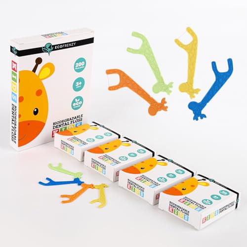 EcoFrenzy Filo interdentale per bambini, 200 pezzi (4 confezioni da 50 filanti), biodegradabile, aroma fragola