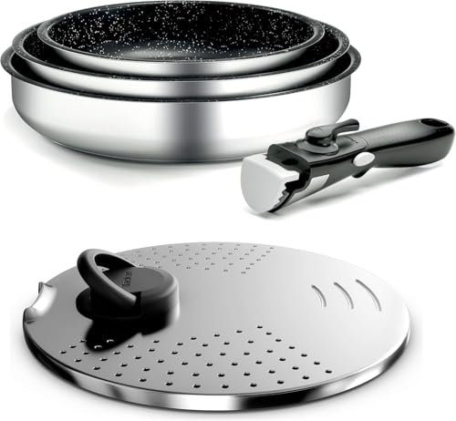 Backen 291505, Set de poeles 20-24-26cm, Induction,1 Couvercle Multipositions, Acier inoxydable, Revêtement antiadhésif, Empilable, Compatible lave-vaisselle, Gain de place, Garantie 5 ans.